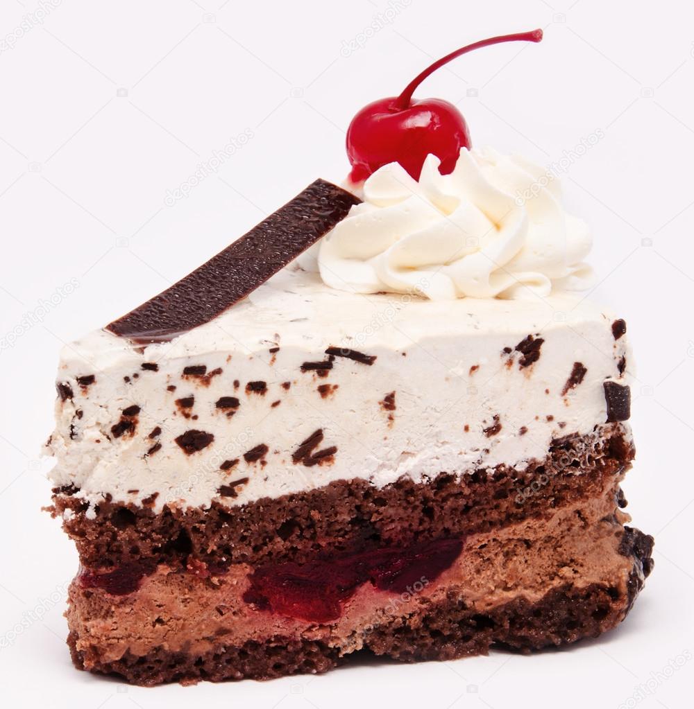Chocolate cake with cherry on the top icing isolated
