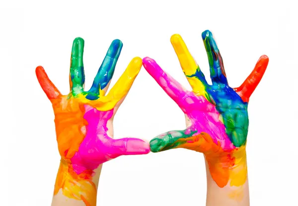 Painted child hands colorful fun isolated — Stock Photo, Image