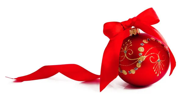 Red christmas ball with ribbon isolated on a white — Stock Photo, Image