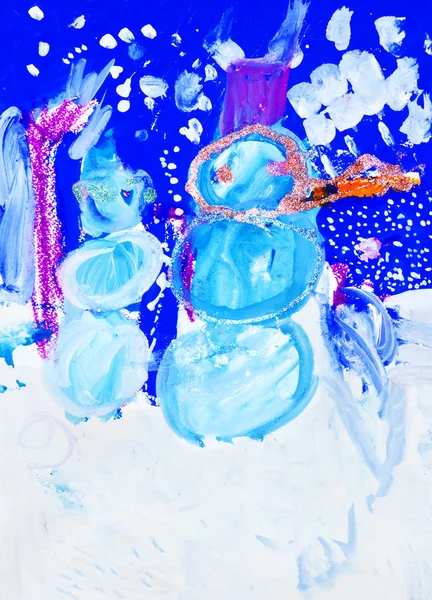 Kid's drawing paints two snowmen — Stock Photo, Image