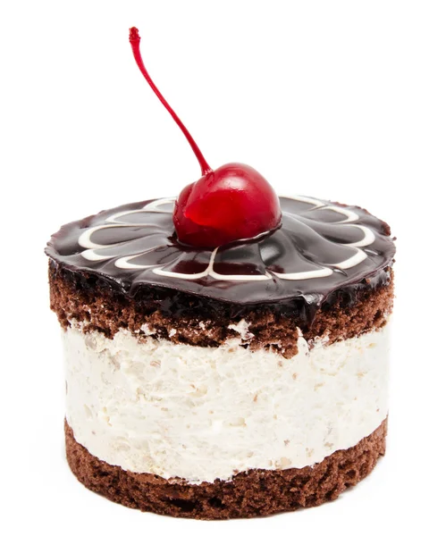 Chocolate cake with cherry on the top icing isolated on a white — Stock Photo, Image