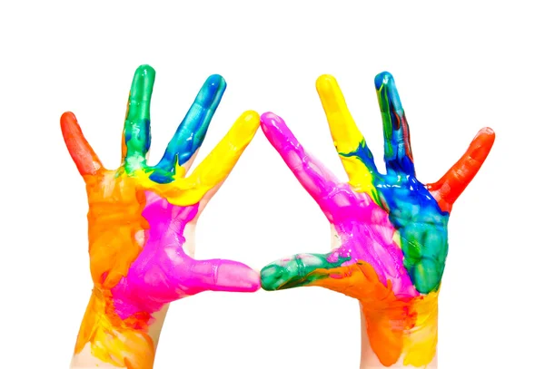 Painted child hands colorful fun isolated on white — Stock Photo, Image