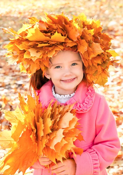 Retrato de otoño de niña sonriente en corona de arce — Foto de Stock