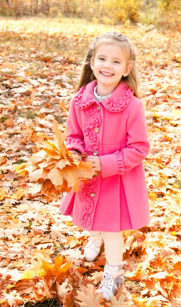 Retrato de outono de menina sorridente bonito com folhas de bordo — Fotografia de Stock