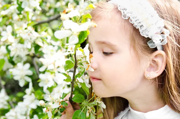 Linda niña oliendo rama de flor — Foto de Stock