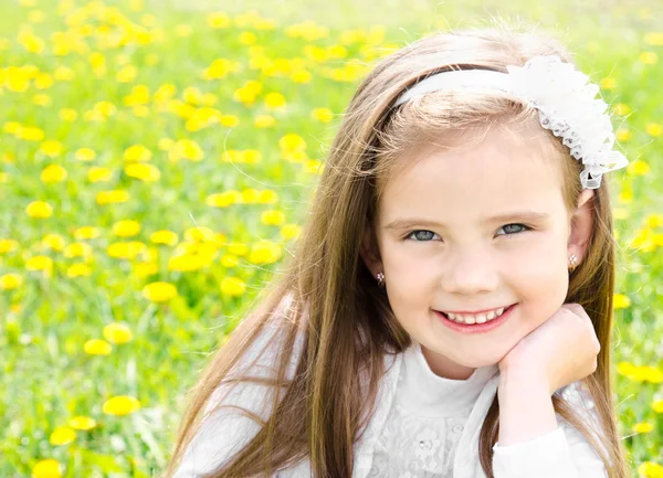 Portret van schattige lachende meisje op de weide — Stockfoto