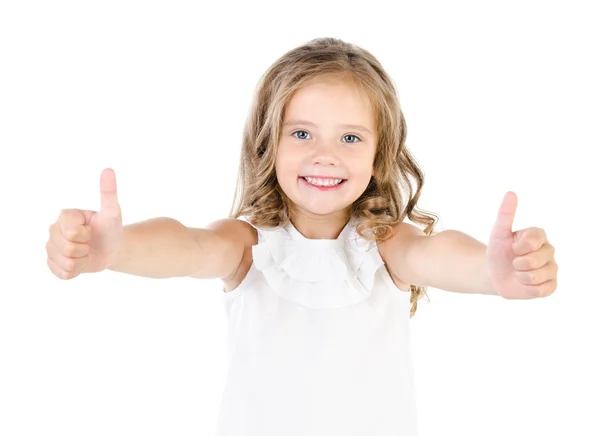 Счастливая милая маленькая девочка с двумя пальцами вверх — стоковое фото