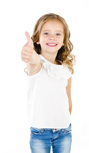 Glücklich niedliches kleines Mädchen mit dem Finger nach oben isoliert — Stockfoto
