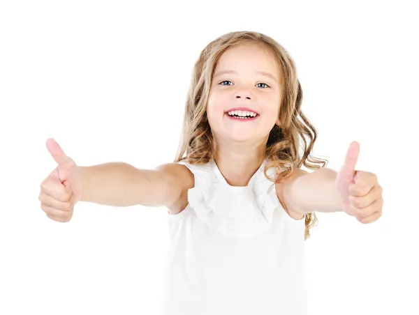 Ευτυχισμένο το χαριτωμένο κοριτσάκι με δύο δάχτυλων επάνω απομονωμένες — Φωτογραφία Αρχείου