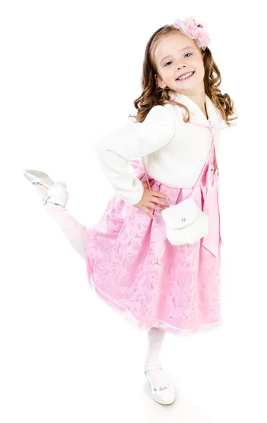 Rozkošný usměvavá holčička v růžové šaty princezny izolované — Stock fotografie