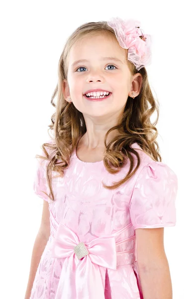 Adorable smiling little girl in pink princess dress isolated — Stock Photo, Image