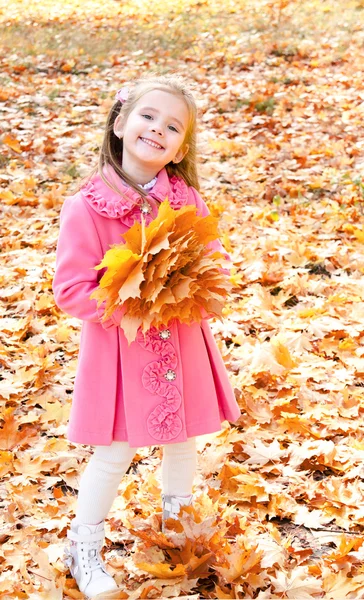 Ritratto autunnale di graziosa bambina sorridente con foglie d'acero — Foto Stock