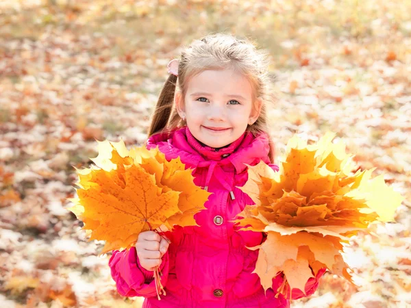 Foto musim gugur gadis kecil yang lucu tersenyum dengan daun maple — Stok Foto