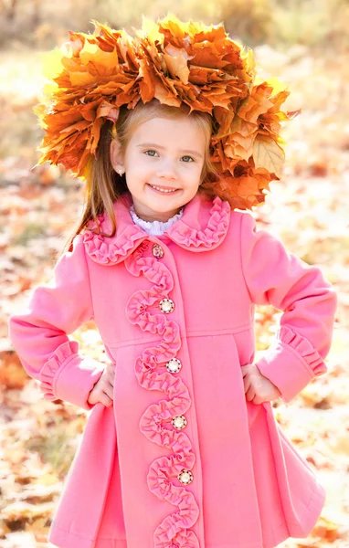 Retrato de otoño de niña sonriente en corona de arce — Foto de Stock