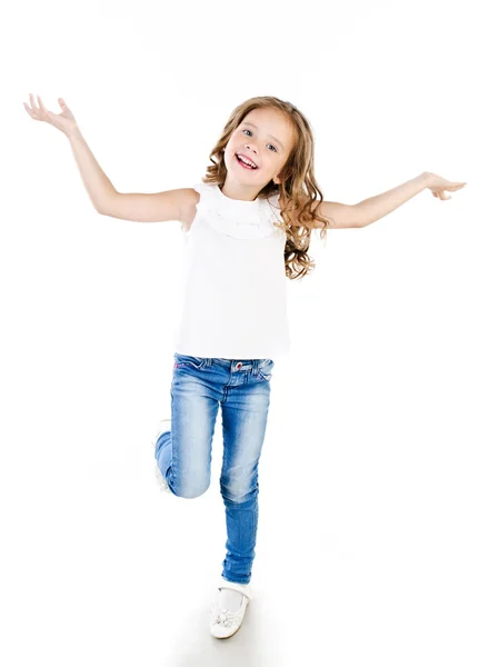 Bonito sorridente menina em jeans isolado — Fotografia de Stock