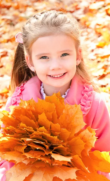 Retrato de otoño de linda niña sonriente con hojas de arce —  Fotos de Stock