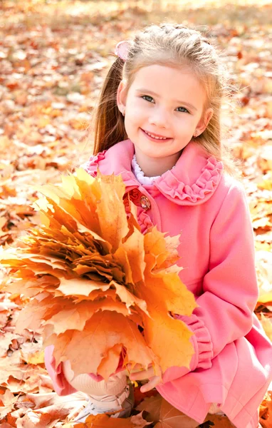 Autumn portrait of cute smiling little girl with maple leaves — Stock Photo, Image