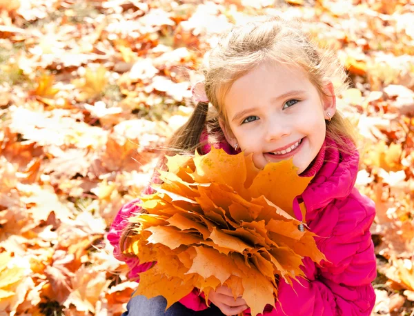 Retrato de outono de menina sorridente bonito com folhas de bordo — Fotografia de Stock