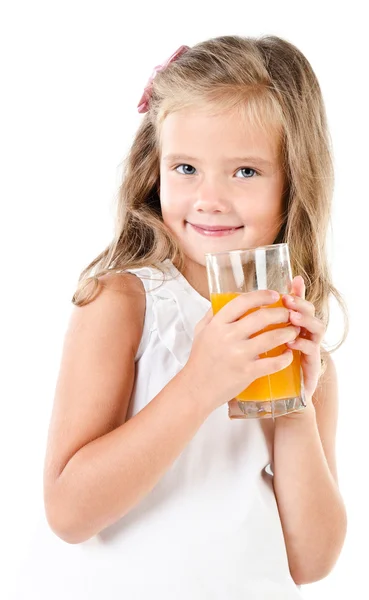 Smiling cute little girl with glass of juice isolated — Stock Photo, Image