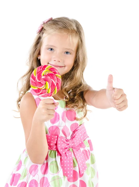 Happy little girl with lollipop isolated — Stock Photo, Image