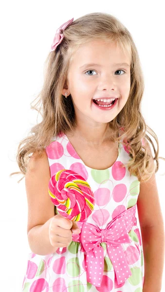 Happy little girl with lollipop isolated — Stock Photo, Image