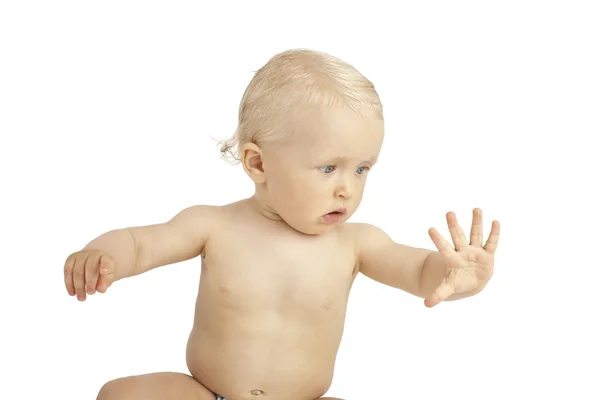 Bebé descubriendo mano aislada en blanco — Foto de Stock