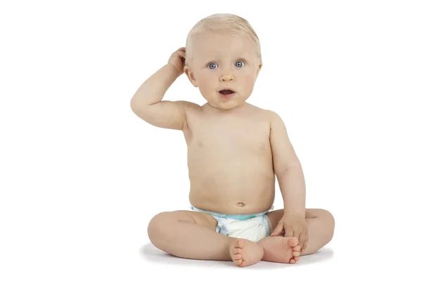 Surprised Baby scratching head on white background — Stock Photo, Image