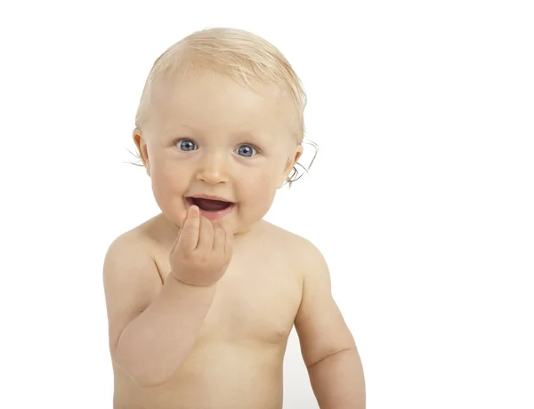 Glückliches Baby gestikulierende Hände auf weißem Hintergrund Stockbild