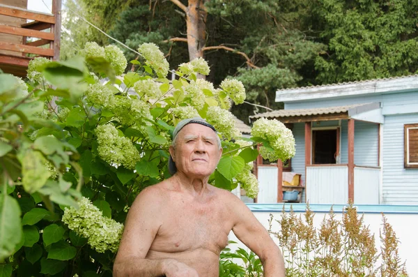 Пожилой человек отдыхает в саду — стоковое фото