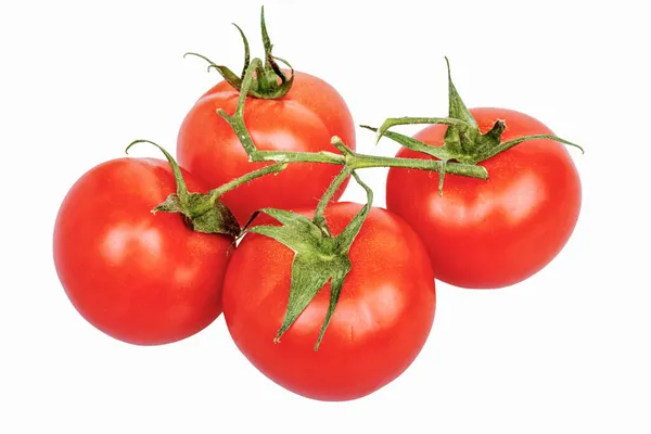 Cuatro Tomates Rojos Con Ramita Verde Sobre Una Mesa Sobre — Foto de Stock