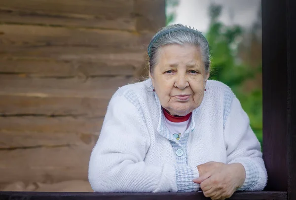 Old Woman Balcony Country House — Stock Photo, Image