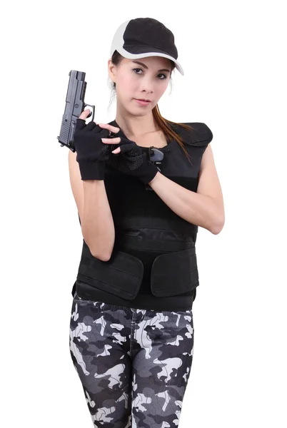Kvinna och pistol — Stockfoto