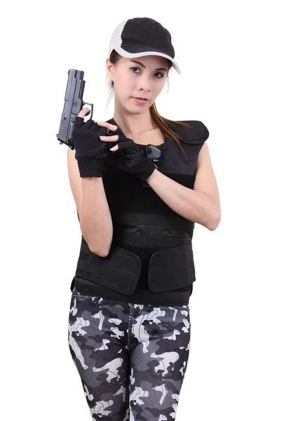 Woman and gun — Stock Photo, Image