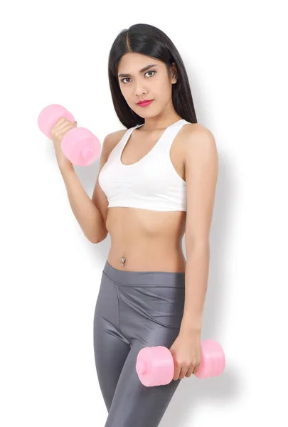 Young Asian Woman Sport Wear Workout Dumbbell White Backgroun — Stock fotografie