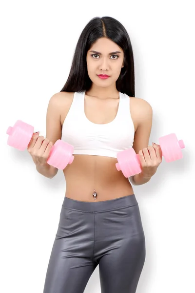 Young Asian Woman Sport Wear Workout Dumbbell White Backgroun — стоковое фото