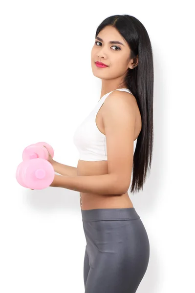 Young Asian Woman Sport Wear Workout Dumbbell White Backgroun — Stockfoto