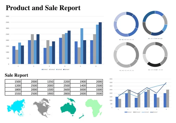 白い背景の電子商取引のための図表及びグラフ書類業務用製品及び販売報告書の画像 — ストック写真