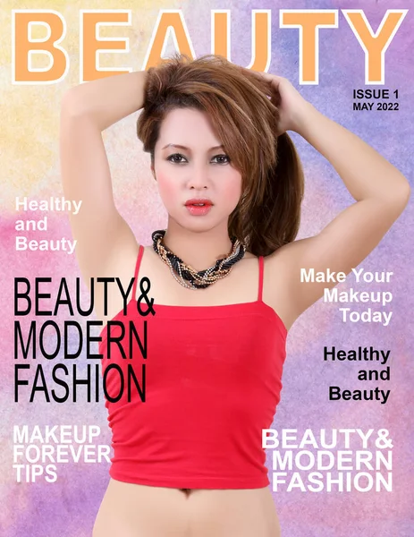 Beautiful Asian Woman Red Top Beauty Magazine Cover — ストック写真