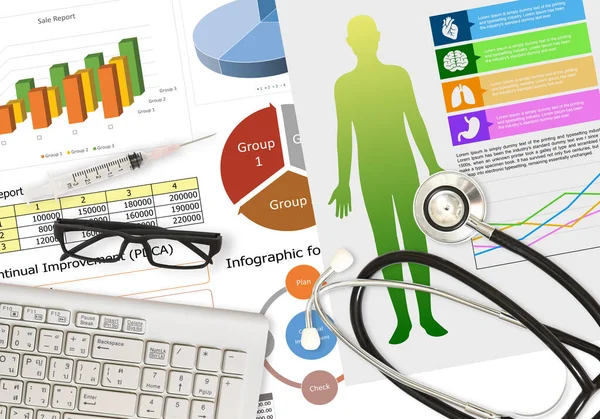 Image of business infographic and paperwork for health   data and analyzing flat lay on white background