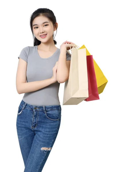 Bella Asiatico Ragazza Andare Shopping Holding Borse Bianco Sfondo — Foto Stock