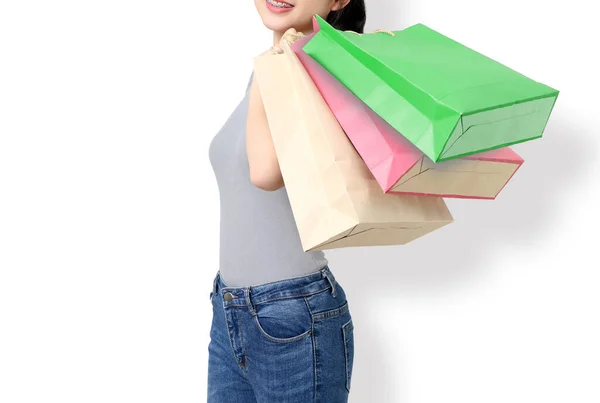 Frau Geht Einkaufen Und Hält Taschen Auf Weißem Hintergrund — Stockfoto