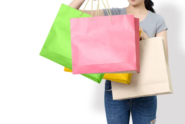Donna Andare Fare Shopping Tenere Borse Sfondo Bianco — Foto Stock