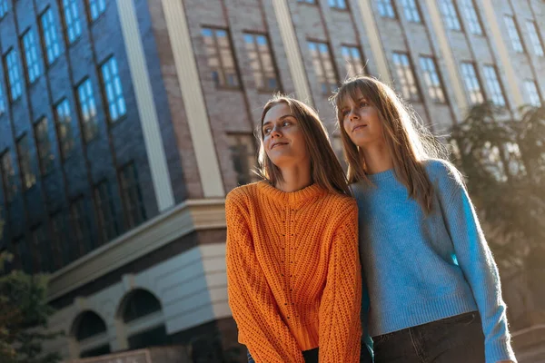 Young Female Twins Students Standing Campus Background Looking Side — Stockfoto