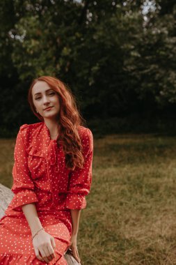 Kızıl saçlı genç bir kadının portresi. Kırmızı kısa bir yaz elbisesi. Kurumuş ağaç kirişinde beyaz benekler var.