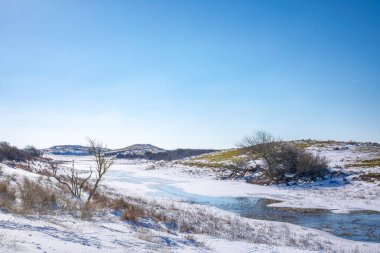 Amsterdamse 'deki karlı ve buzlu kış manzarası Waterleidingduinen, berrak mavi gökyüzü.