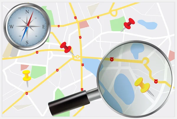 城市地图与指南针和放大镜 — 图库矢量图片