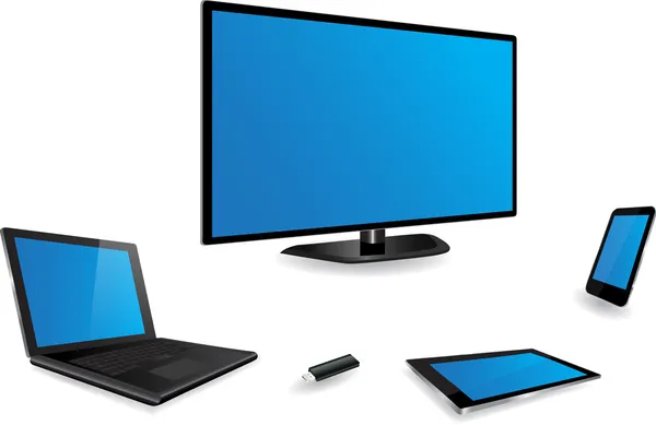 Smart tv, lap-top, pc ταμπλετών, smartphone και usb λάμψη οδηγώ — Διανυσματικό Αρχείο