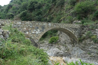 Rio Barbaira deresi yakınlarındaki Nervia Vadisi 'ndeki taş köprü, Rocchetta Nervina, Liguria - İtalya