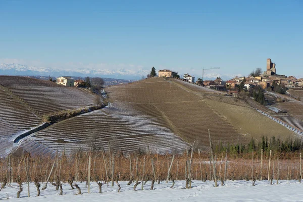 Von Schnee Bedeckte Hügel Der Langhe Piemont Italien — Stockfoto