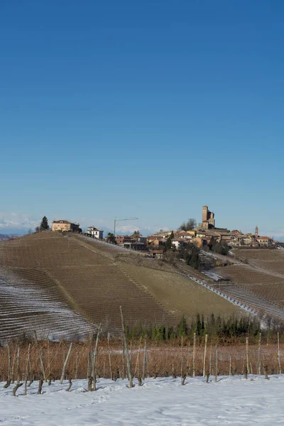 Von Schnee Bedeckte Hügel Der Langhe Piemont Italien — Stockfoto